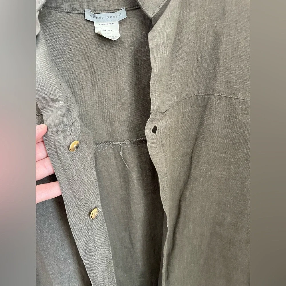 Sarah Pacini Italy 100% Linen Lagenlook Shirt Jacket Taupe S Granola Gorpcore - Picture 8 of 12